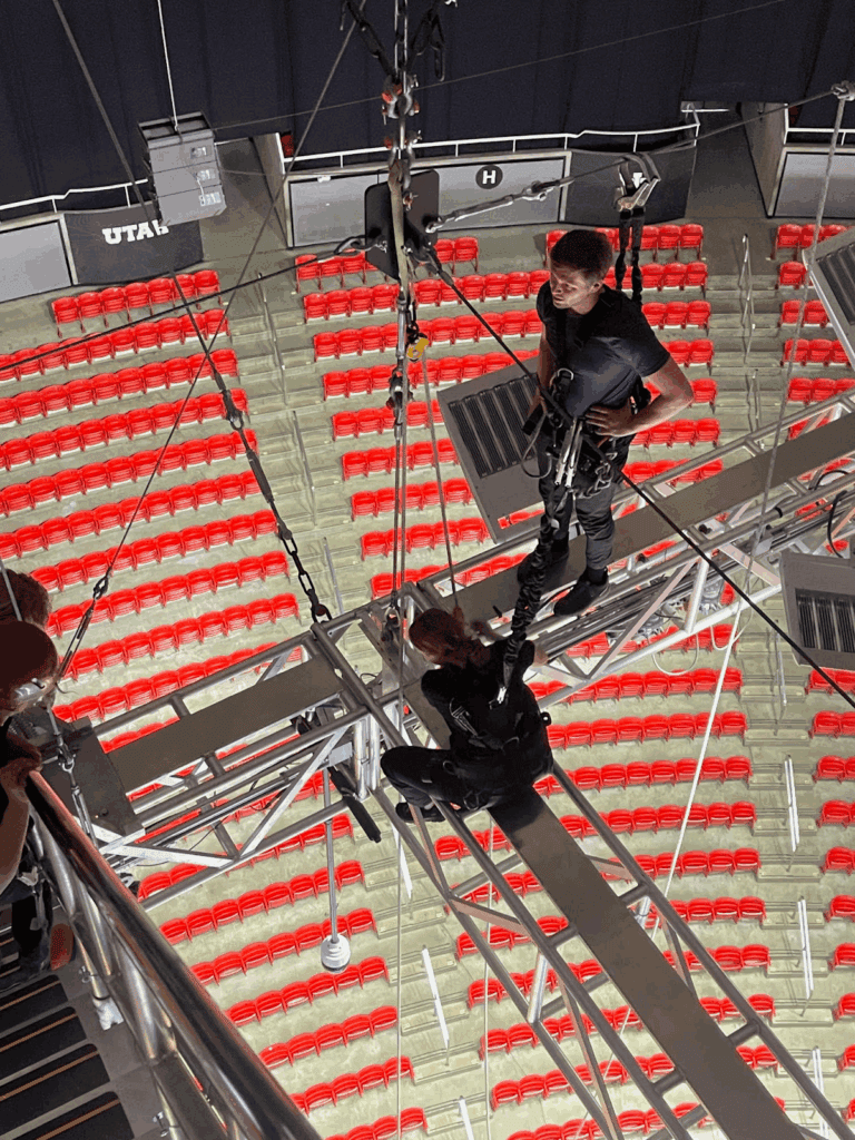 employee setting up stage
